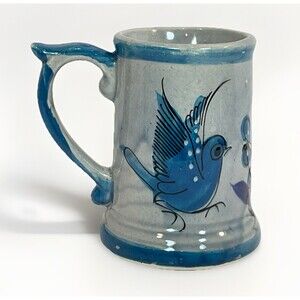 Vintage Tonala Mug Mexico Pottery Bluebird Floral Cup Blue Handmade 12 Oz